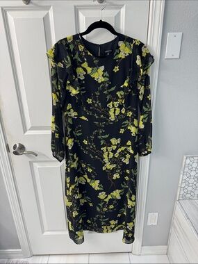 Who What Wear Black Midi Dress with Yellow-Green Floral Print